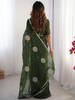 Rajwada Deep Green Organza Embroidered Solid Saree For Women