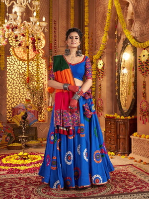 Rajwada Blue Viscose Cotton Embroidered Semi-Stitched lehenga With Stunning Tassels For Women