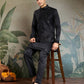 Rajwada Black Silk Blend Embroidered Stitched Kurta Set For Men
