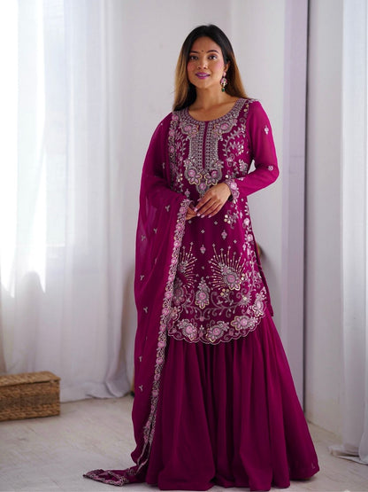 Rajwada Dark Pink Georgette Embroidered Stitched Kurta Set For Women
