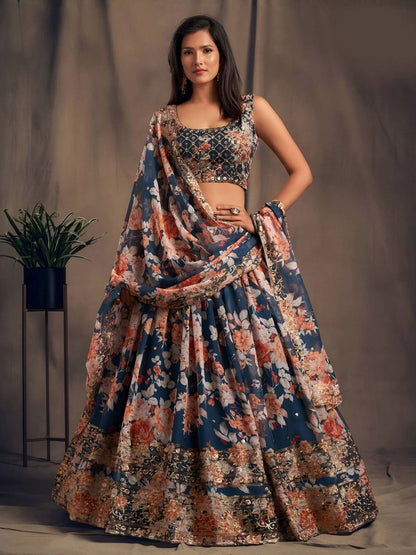Rajwada Blue Organza Printed And Embriodered Semi-Stitched Lehenga For Women