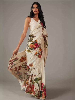 Rajwada Off White Georgette Floral Printed Saree With Unstitched Blouse For Women