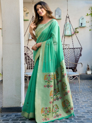 Rajwada Turquoise Cotton Blend Solid Saree For Women