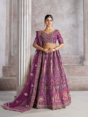 Rajwada Purple Banarasi Silk Embroidered Semi-Stitched Lehenga For Women