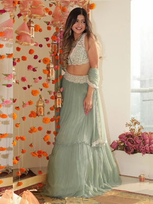 Rajwada Sea Green Georgette Solid Semi-Stitched Lehenga For Women