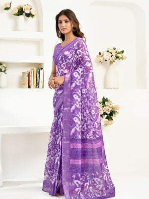 Rajwada Lavender Cotton Linen Zari Work Saree For Women