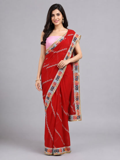 Red Georgette Embellished Saree