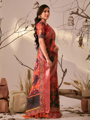 Rajwada Red Linen Cotton Printed Saree For Women