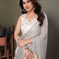 Rajwada Grey Banglori Lace Work Saree With Unstitched Blouse For Women