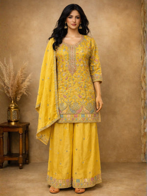 Rajwada Yellow Chinon Embroidered Semi-Stitched Kurta Set For Women