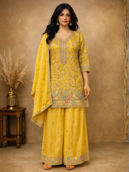 Rajwada Yellow Chinon Embroidered Semi-Stitched Kurta Set For Women