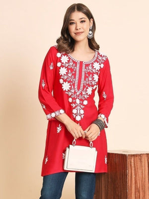 Rajwada Pink Rayon Embroidered Kurti For Women