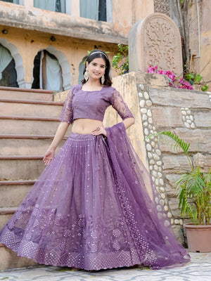 Rajwada Purple Soft Net Embellished Semi-Stitched lehenga For Women