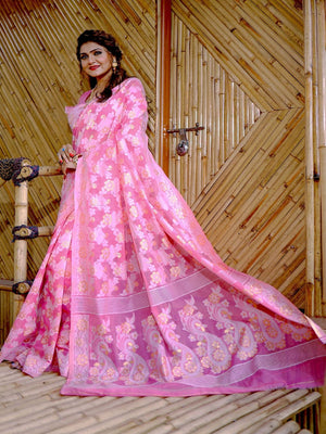 Rajwada Pink Cotton Blend Woven Saree With Unstitched Blouse For Women