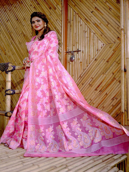 Rajwada Pink Cotton Blend Woven Saree With Unstitched Blouse For Women