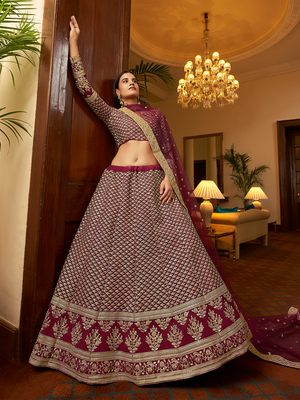 Rajwada Women Violet Embroidered Semi Stitched Lehenga With Unstitched Blouse