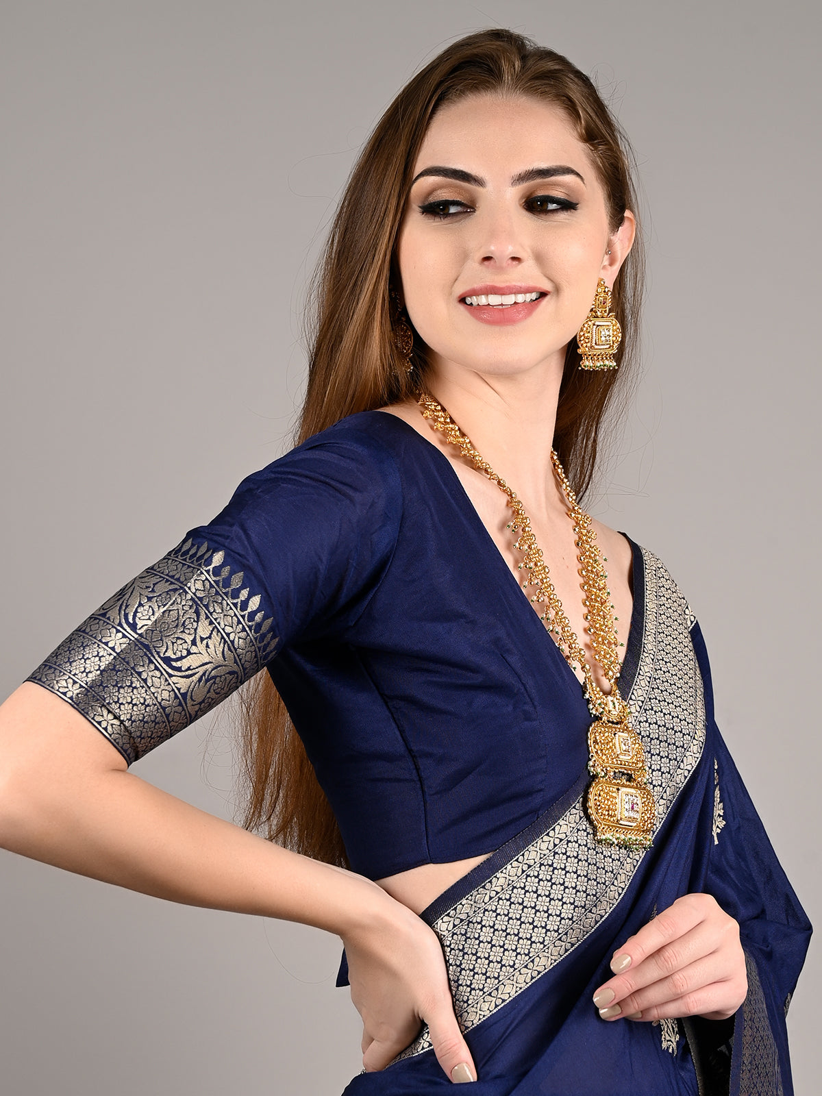 Dark Blue Nylon Woven Saree With Unstitched Blouse