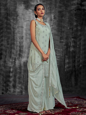 Rajwada Women Classic Embroidered Green Georgette Stitched Kurta Set