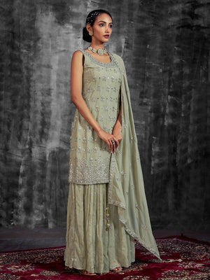 Rajwada Women Green Embroidered Partywear Stitched Kurta Set