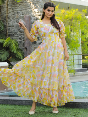 Rajwada Yellow Georgette Stitched Printed Indo Western Dress For Women