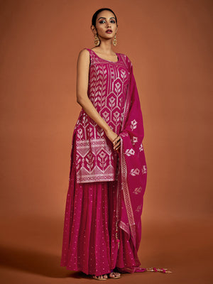 Rajwada Women Magenta Embroidered Georgette Partywear Stitched Kurta Set