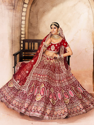 Rajwada Women Maroon Embroidered Velvet Semi Stitched Lehenga With Unstitched Blouse