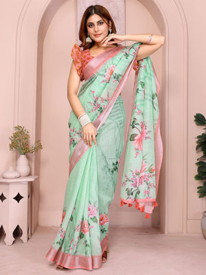 Rajwada Pista Cotton Linen Solid Printed Saree For Women