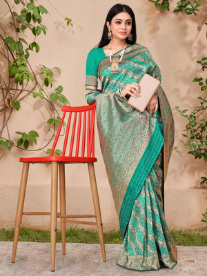 Rajwada Teal Woven Banarasi Silk Saree With Unstitched Blouse For Women