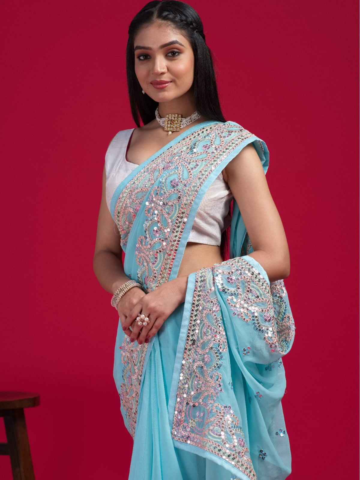 Rajwada - Blue Georgette Embroidered Saree with Unstitched Blouse