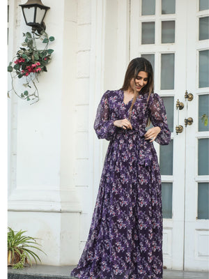 Rajwada Violet Chiffon Stitched Printed Indo Western Dress For Women