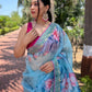 Rajwada Blue Organza Printed Saree With Unstitched Blouse For Women