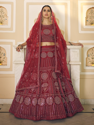 Rajwada Women Maroon Soft Net Semi Stitched Lehenga With Unstitched Blouse