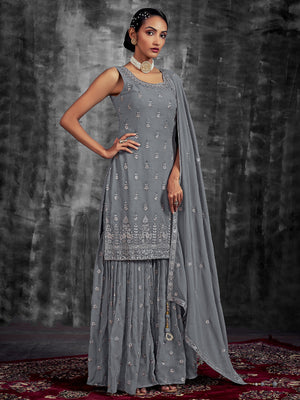 Rajwada Women Grey Embroidered Partywear  Stitched Kurtaset