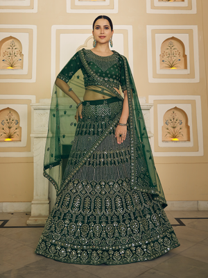 Rajwada Women Green Embroidered Soft Net Semi Stitched Lehenga With Unstitched Blouse