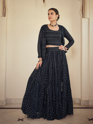 Rajwada Women Dark Blue Embroidered Georgette Semi Stitched Lehenga With Unstitched Blouse