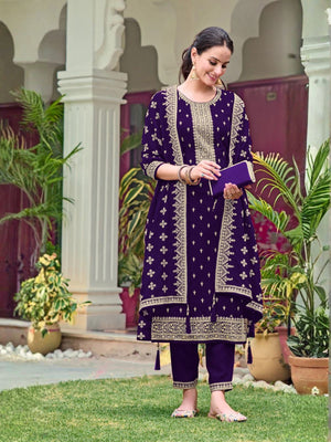 Rajwada Purple Georgette Embroidered Semi-Stitched Kurta Set For Women