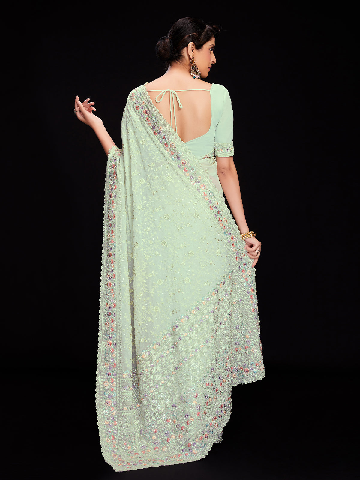 Rajwada - Sea Green Georgette Embroidered Saree with Unstitched Blouse