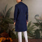 Rajwada Navy Blue Silk Blend Embroidered Stitched Kurta For Men