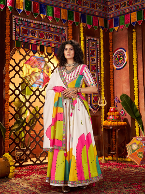 Rajwada White Silk Blend Printed Semi-Stitched Lehenga For Women