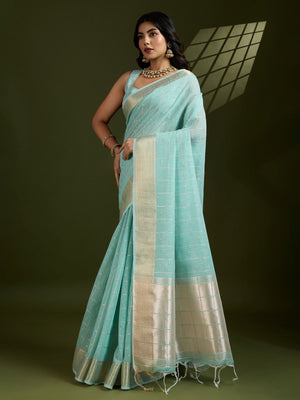 Rajwada Sky Blue Silk Blend Woven Checked Saree For Women