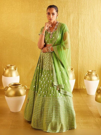 Rajwada Light Green Silk Blend Embellished Semi-Stitched Lehenga For Women