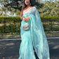 Rajwada Light Blue Organza Embroidered Saree With Unstitched Blouse For Women