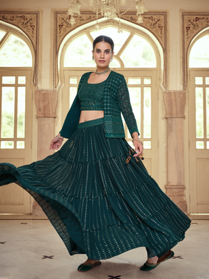 Rajwada Women Dark Green Embroidered Georgette Semi Stitched Lehenga With Unstitched Blouse