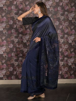 Rajwada Navy Blue Sequins Embroidered Lycra Saree with Unstitched Blouse for Women