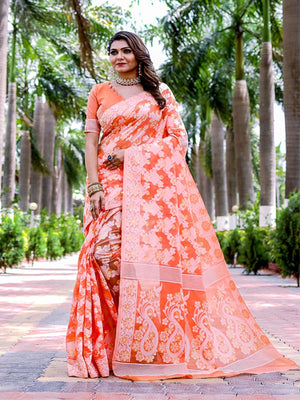 Rajwada Orange Cotton Blend Woven Saree With Unstitched Blouse For Women