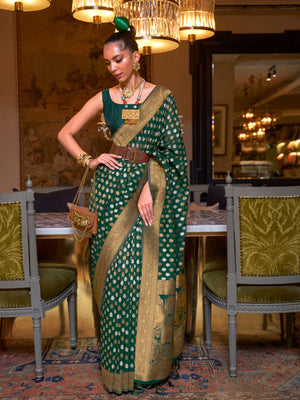 Rajwada Green Silk Blend Woven Saree With Unstitched Blouse for Women