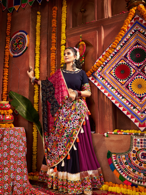 Rajwada Navy Blue And Magenta Cotton Blend Embroidered Semi-Stitched lehenga For Women