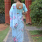 Rajwada Sea Blue Floral Printed Embroidered Soft Organza Saree with Unstitched Blouse for Women