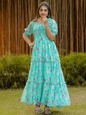 Rajwada Light Blue Georgette Stitched Printed Indo Western Dress For Women