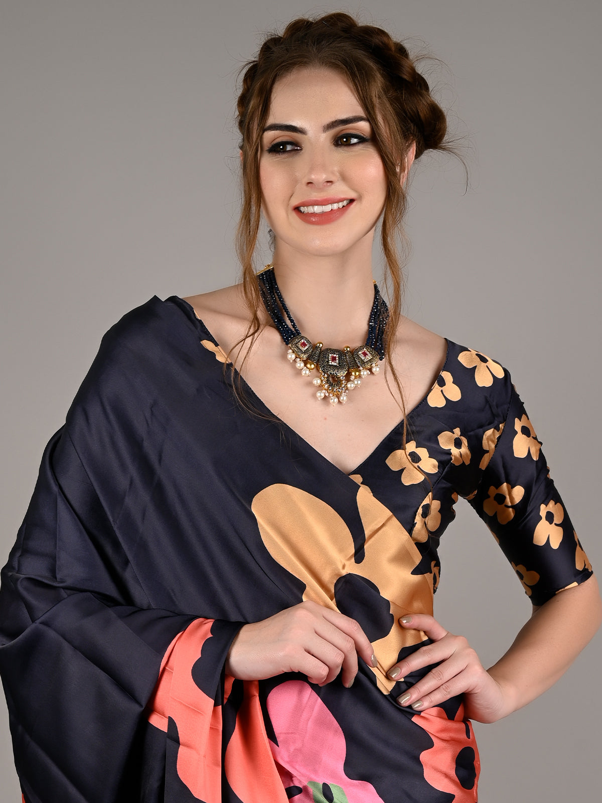 Black Silk Blend Digital Floral Print Saree With Unstitched Blouse